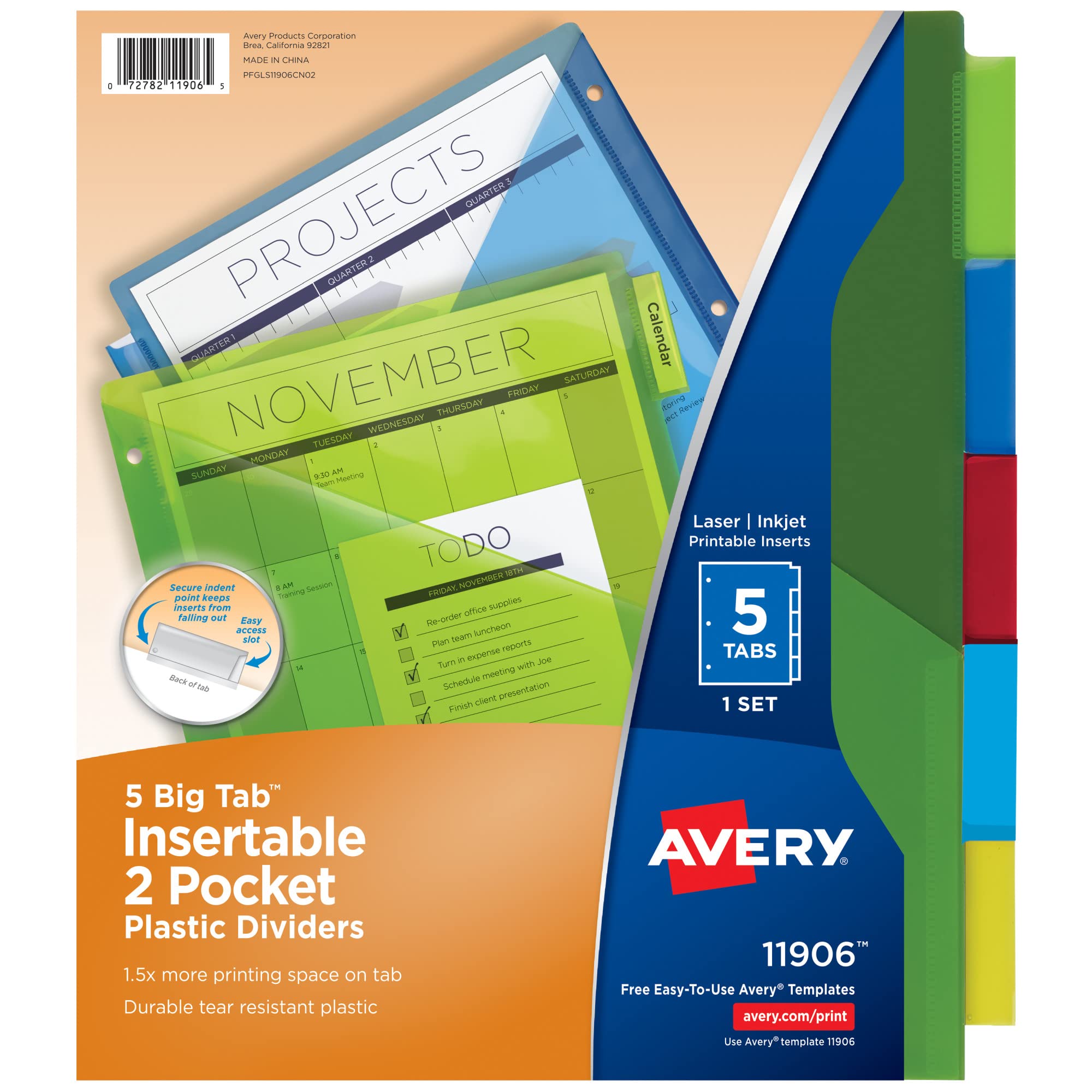 AVERY Dividers for 3-Ring Binders, Big Tab Insertable Two-Pocket Plastic Dividers, Multicolor