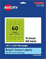 AVERY Printable Rectangle Labels, Sure Feed Technology, 1/2" x 1-3/4", Bright Green, Print-to-The-Edge, Laser/Inkjet Compatible