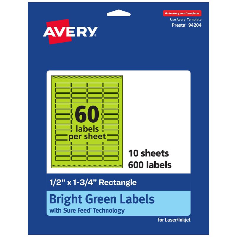 AVERY Printable Rectangle Labels, Sure Feed Technology, 1/2" x 1-3/4", Bright Green, Print-to-The-Edge, Laser/Inkjet Compatible