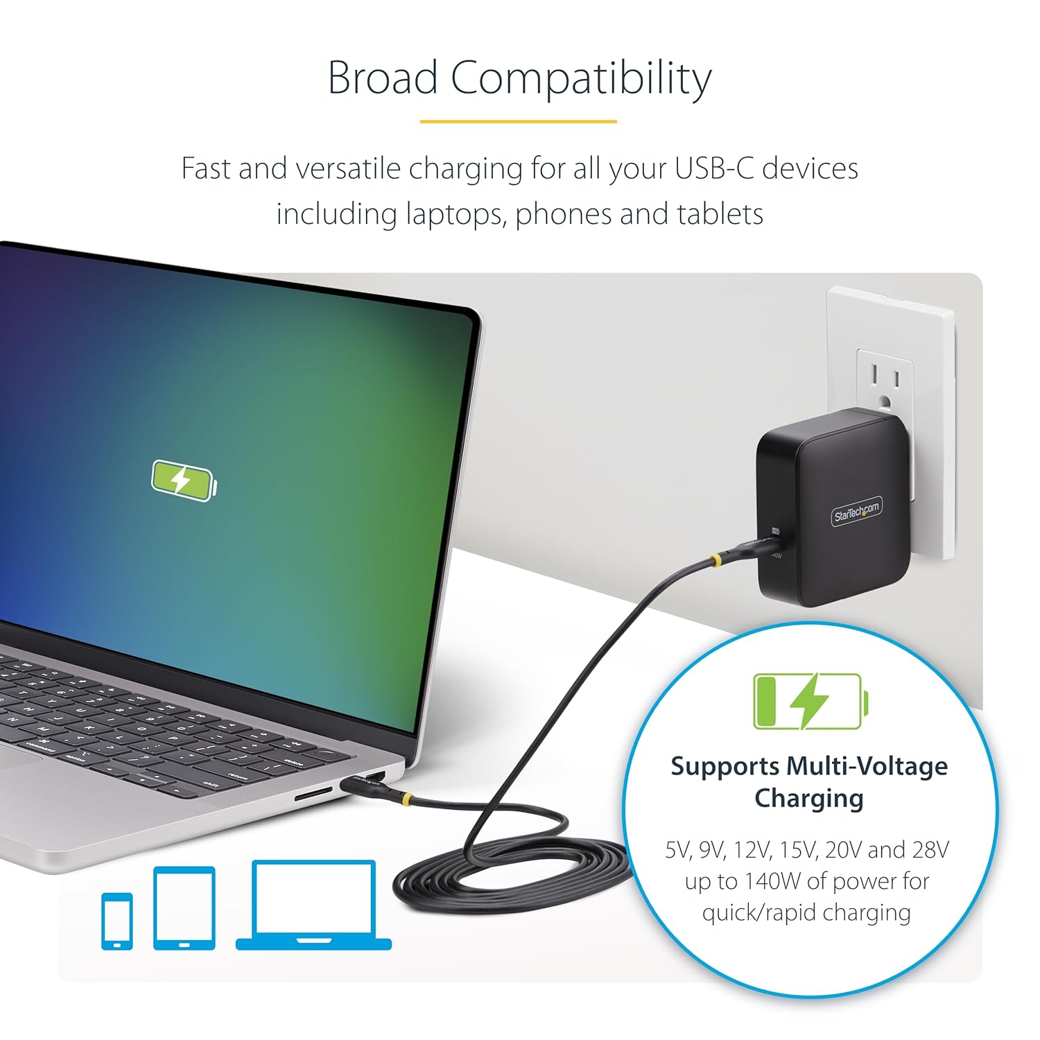 StarTech.com 140W USB-C Wall Charger, USB-IF Certified, Single USB-C, PD 3.1 Portable GaN Charging