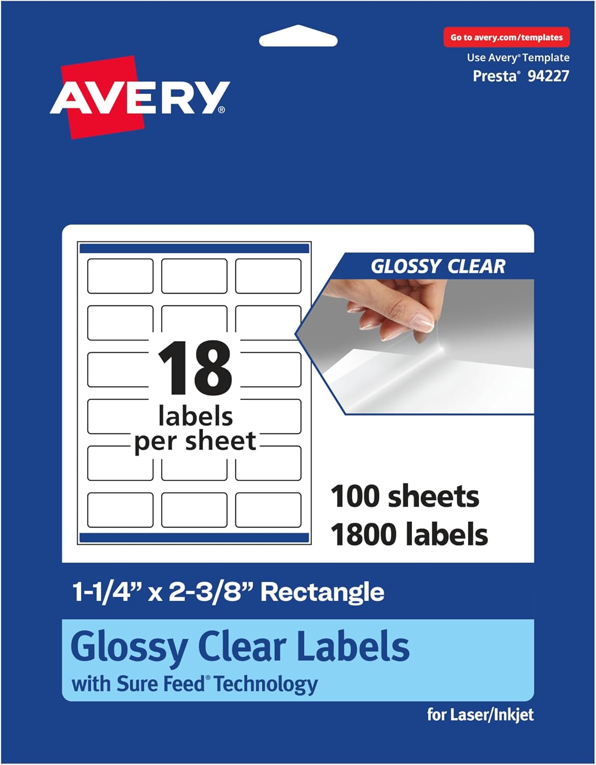 Avery Glossy Clear Rectangle Labels, Sure Feed Technology, 1-1/4" x 2-3/8"