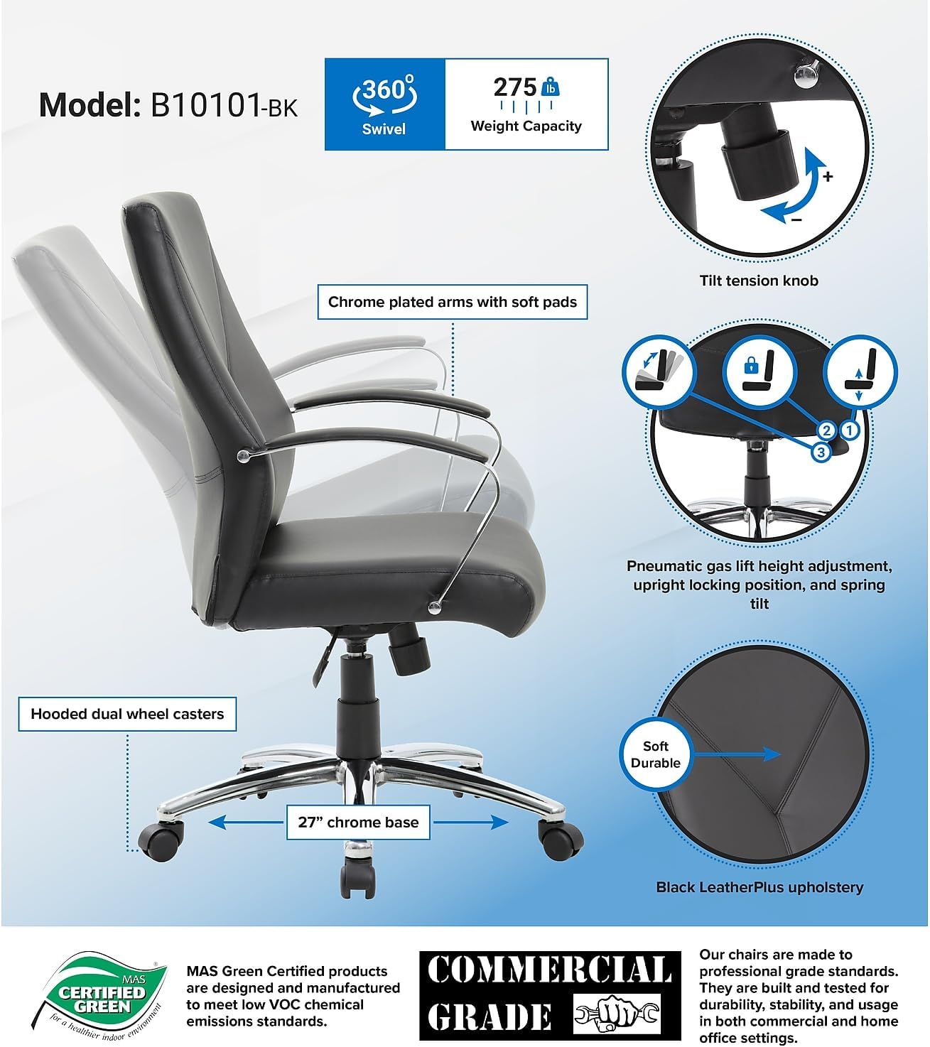 Boss Office Products Ergonomic High-Back LeatherPlus Executive Chair, Black