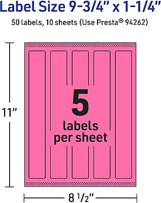 AVERY Printable Rectangle Labels, Sure Feed Technology, 9.75" x 1.25", Bright Pink