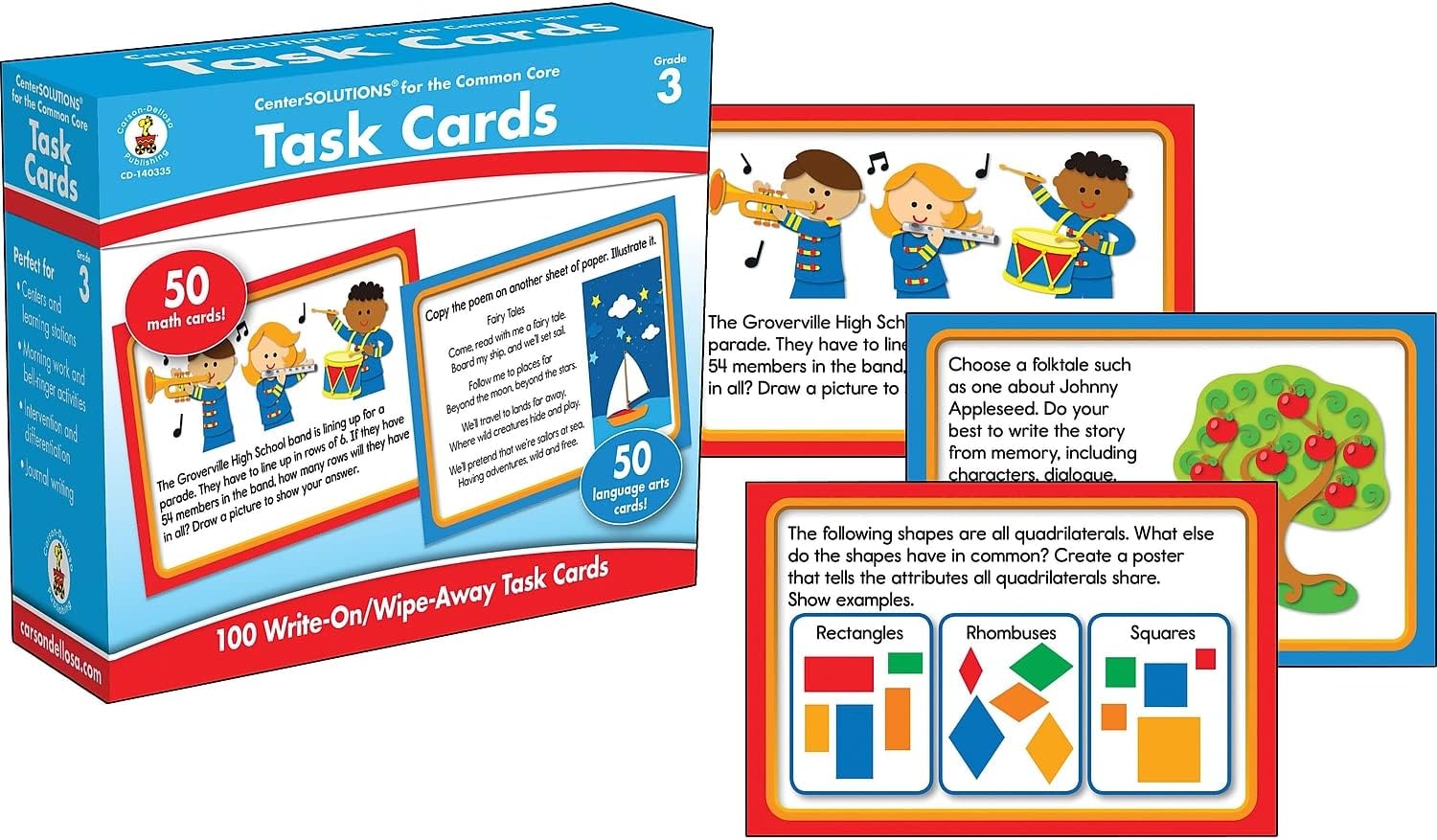 Carson Dellosa 3rd Grade Task Flash Cards, Dry Erase Mathematics and ELA Common Core Activity Flashcards