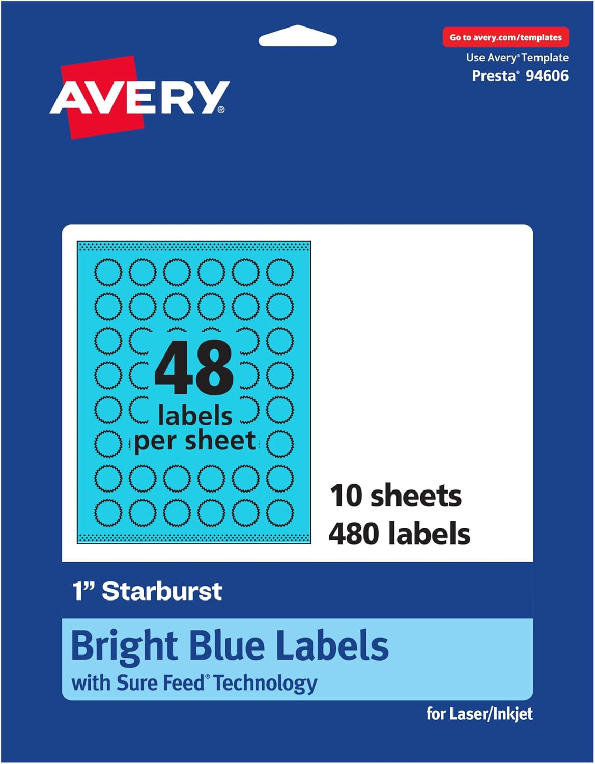Avery Printable Starburst Labels, Sure Feed Technology, 1", Bright Blue Labels, Print-to-The-Edge, Laser/Inkjet, 480 Total