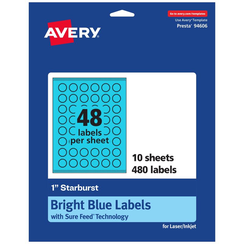 Avery Printable Starburst Labels, Sure Feed Technology, 1", Bright Blue Labels, Print-to-The-Edge, Laser/Inkjet, 480 Total, Great for Mailing Seals and Planner Stickers 480 labels