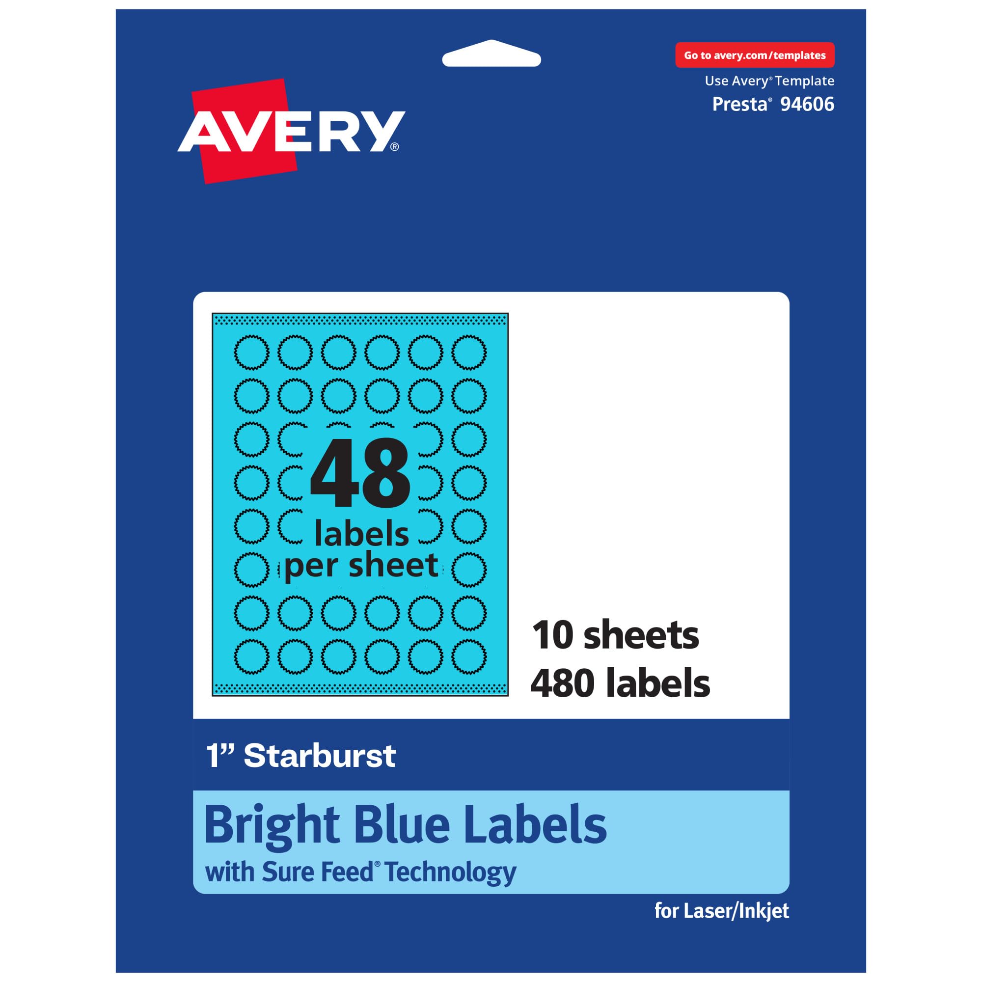 Avery Printable Starburst Labels, Sure Feed Technology, 1", Bright Blue Labels, Print-to-The-Edge, Laser/Inkjet, 480 Total