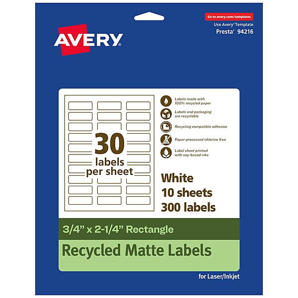 Avery EcoFriendly Matte White Recycled Rectangle Labels 0.75" x 2.25"