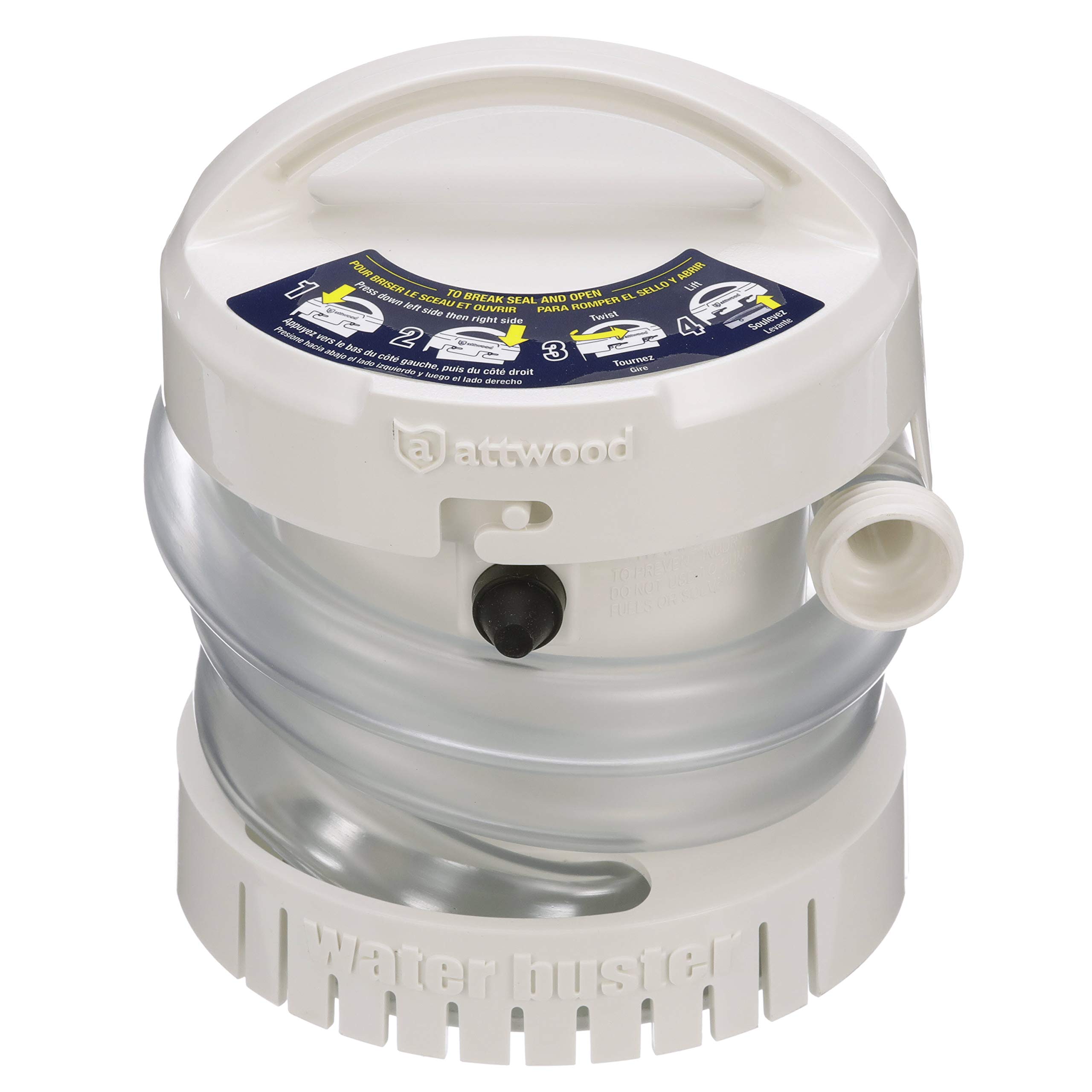 Attwood 4140-4 WaterBuster® Portable Pump, Submersible, Battery Powered, 200 GPH, 42-Inch Hose, 5 ¼-Inch Diameter One Size