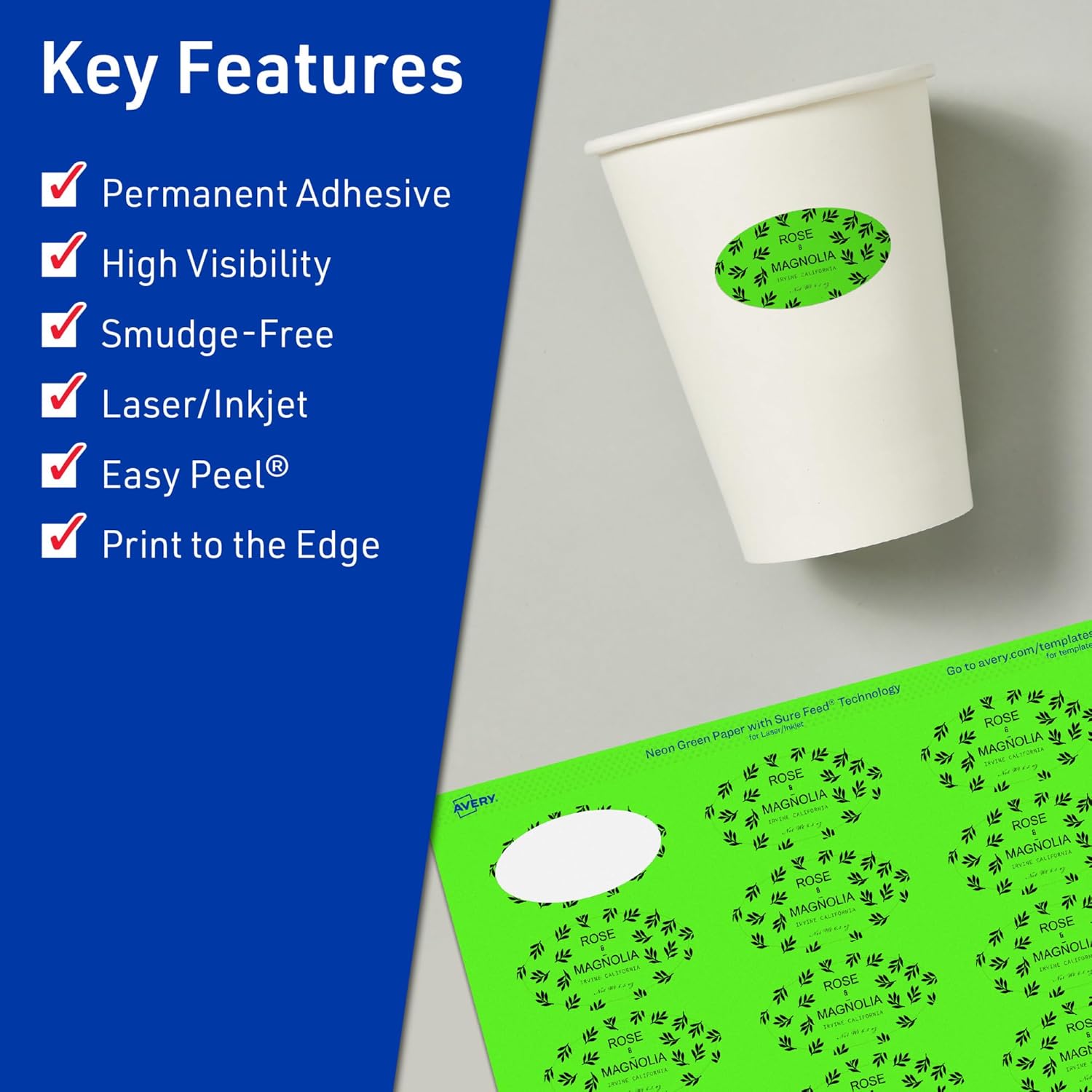 Avery Printable Oval Labels, Sure Feed Technology, 1" x 2", Neon Green Labels, Print-to-The-Edge, Laser/Inkjet Printable