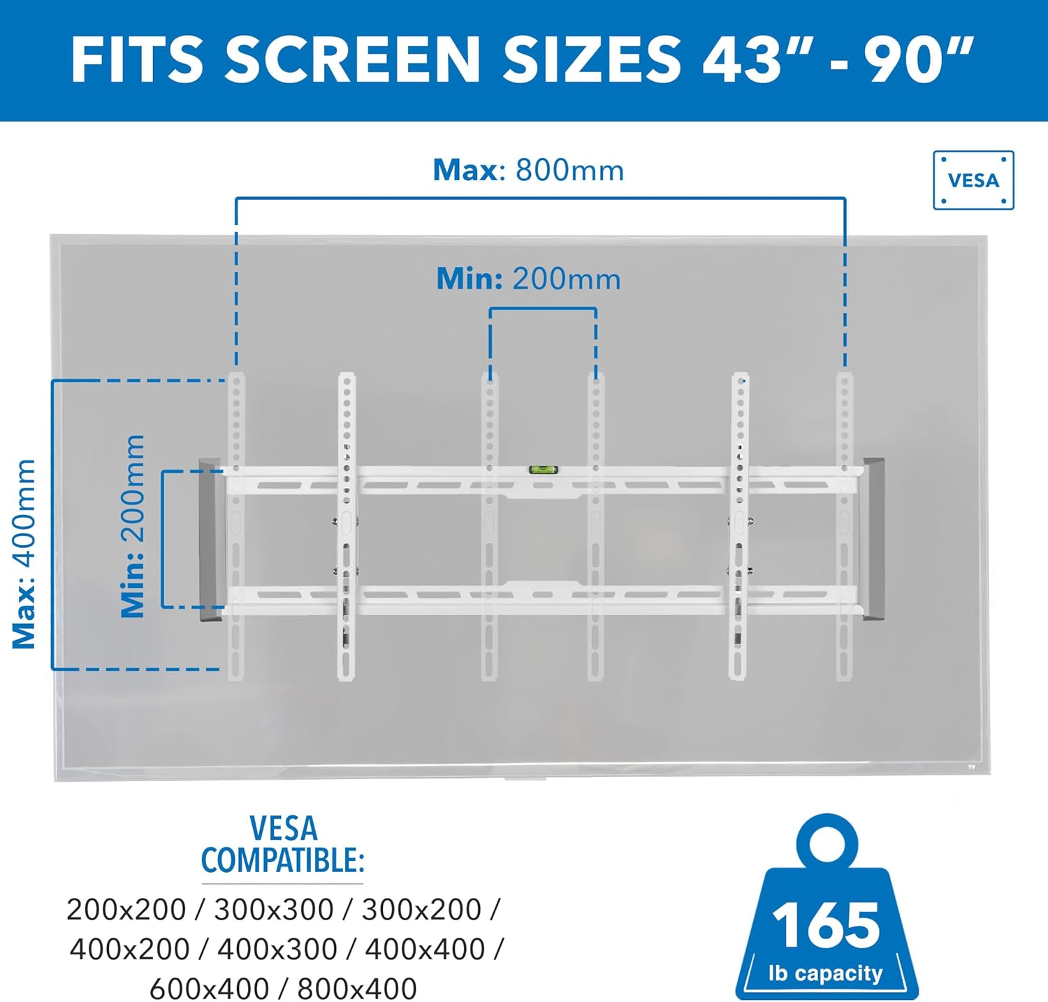 Mount-It! Tilting TV Wall Mount for 43"-90" TVs, Ultra Slim Heavy-Duty, White
