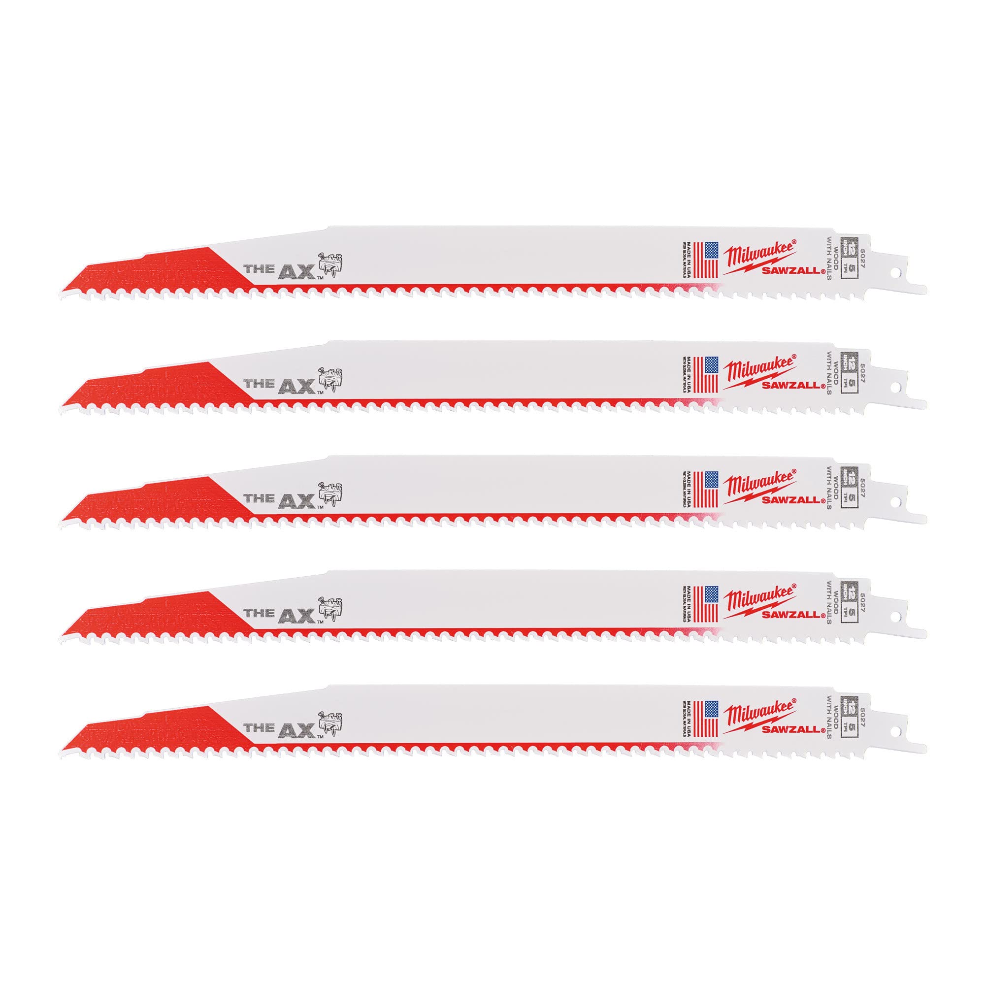 Milwaukee 48-00-5027 The AX 12-Inch, Bi-Metal Wood Demolition Reciprocating 5/8 TPI Super Sawzall Blade, 5-Pack