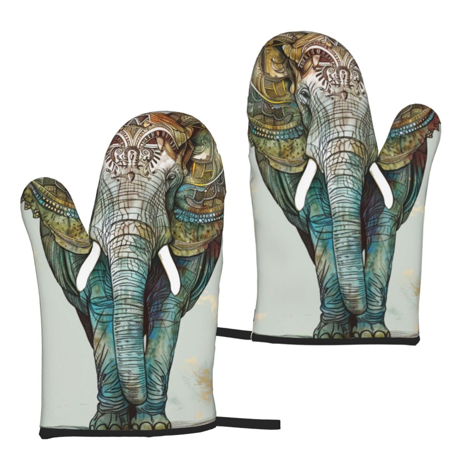 Elephant Print Printed Oven Mitts 2pcs - Heat Resistant Waterproof Fabric Oven Gloves for Kitchen, Baking