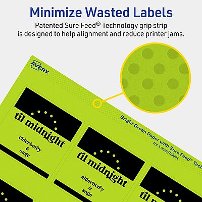 Avery Printable Square Labels, Sure Feed Technology, 2-1/2" x 2-1/2", Bright Green Labels, Laser/Inkjet Printable, 90 Total