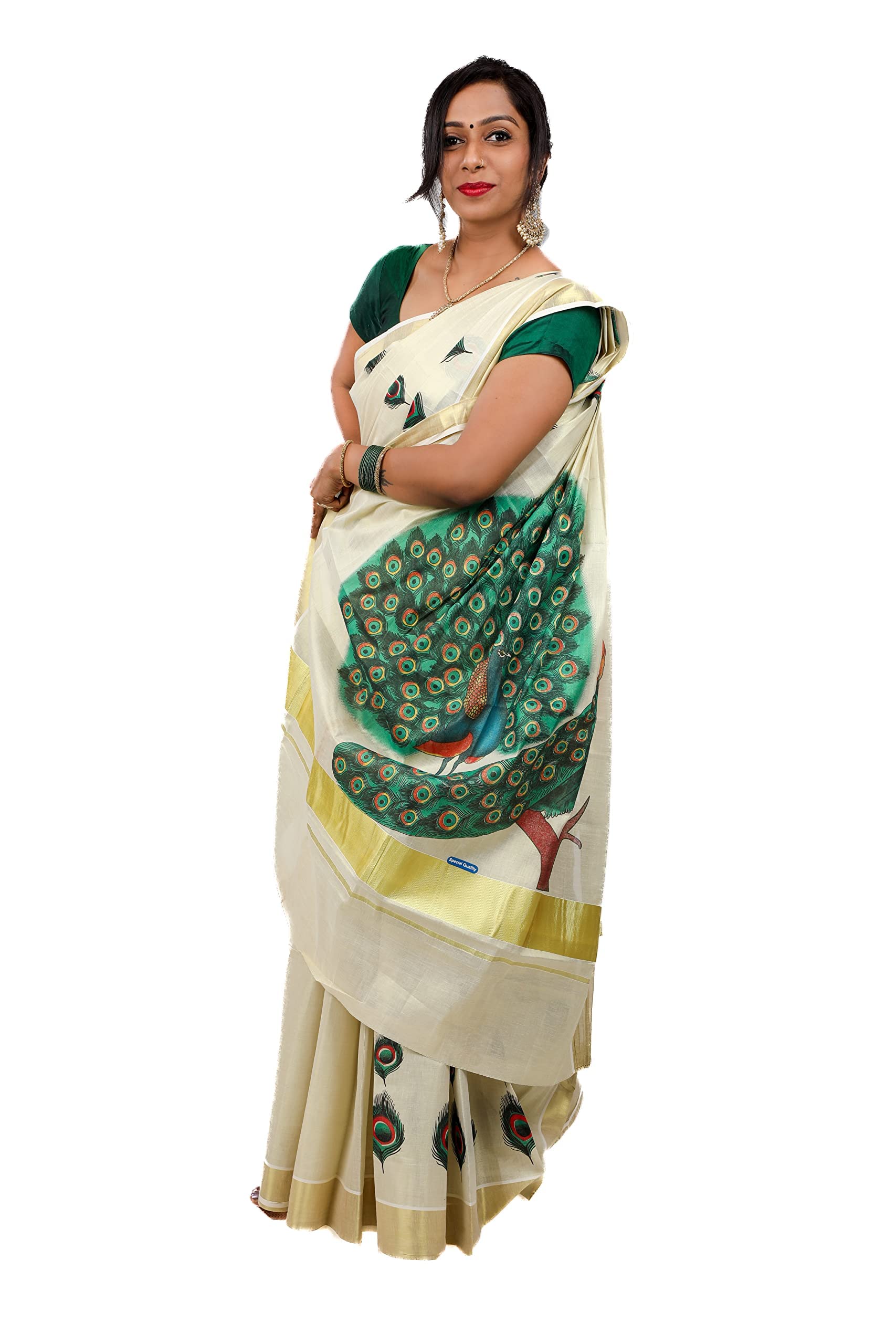 Women's Kuthampully Kerala Kasavu Saree Tissue Mural Painted Peacock with Running Blouse - Multi Color KPSS-758