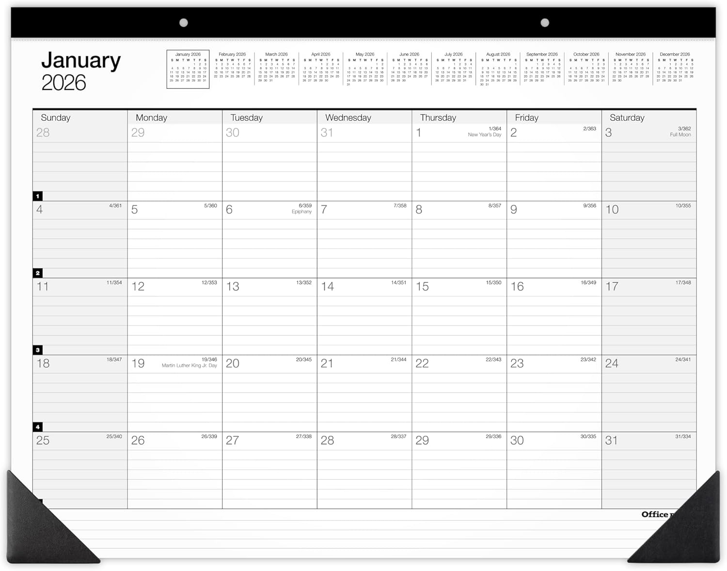 Office Depot Brand Monthly Desk Pad Calendar, 21 3/4" x 17", White/Black, January 2026 to December 2026, SP24D0026