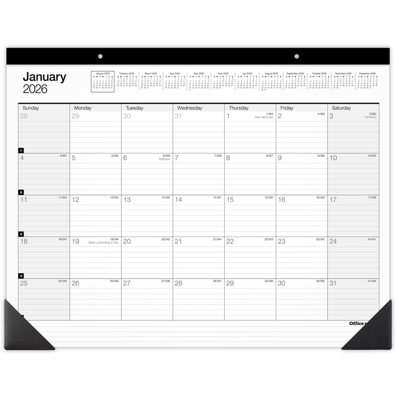 Office Depot Brand Monthly Desk Pad Calendar, 21 3/4" x 17", White/Black, January 2026 to December 2026, SP24D0026