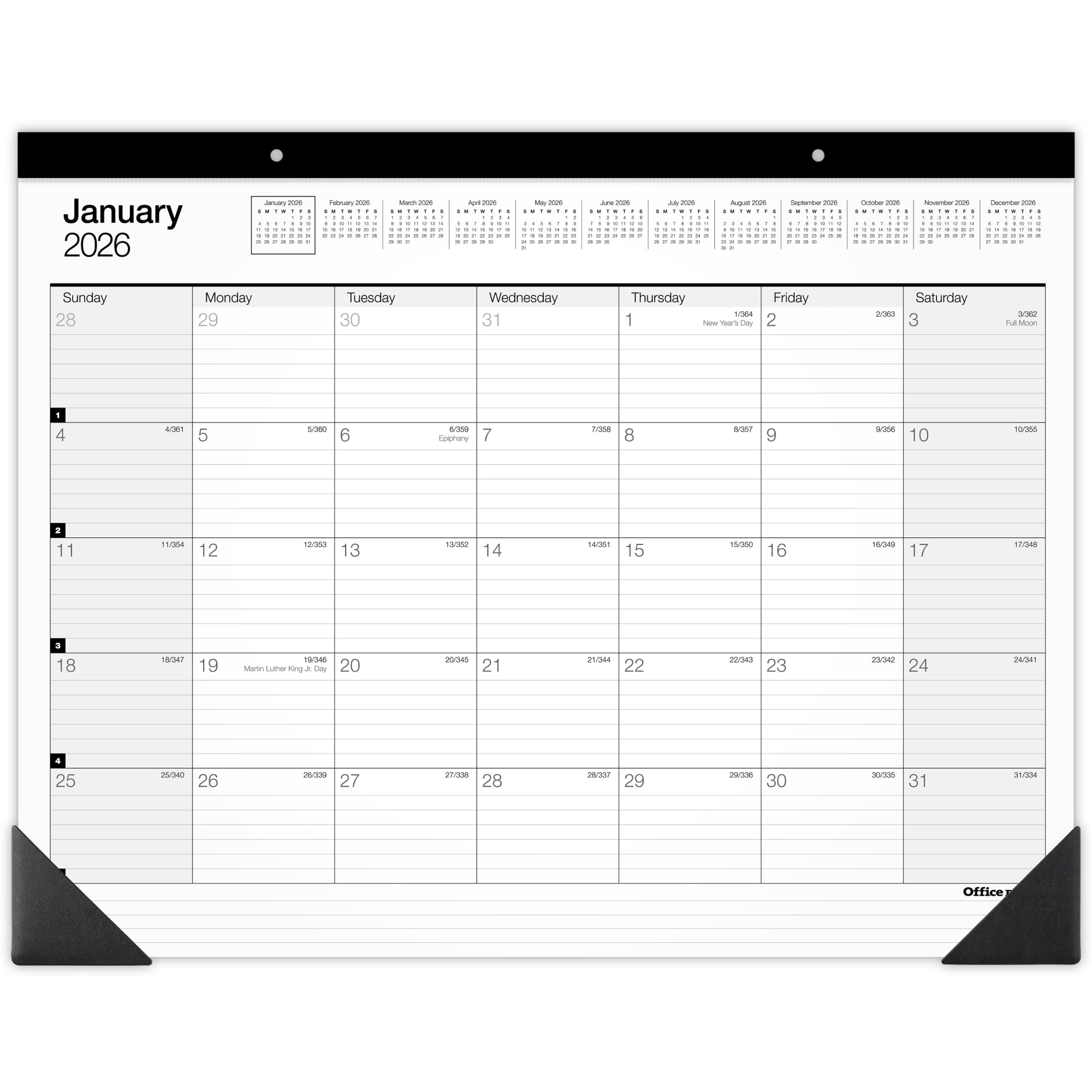 Office Depot Brand Monthly Desk Pad Calendar, 21 3/4" x 17", White/Black, January 2026 to December 2026, SP24D0026