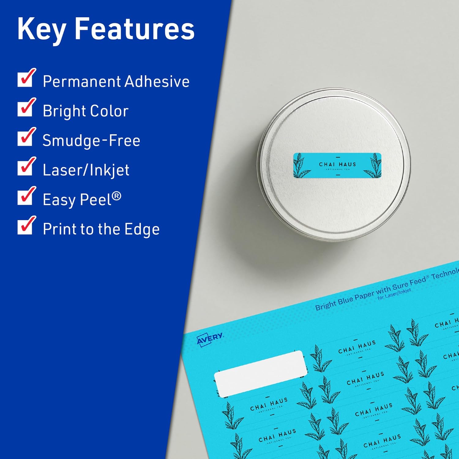 Avery Printable Rectangle Labels, Sure Feed Technology, 1" x 1-1/2", Bright Blue Labels, Print-to-The-Edge