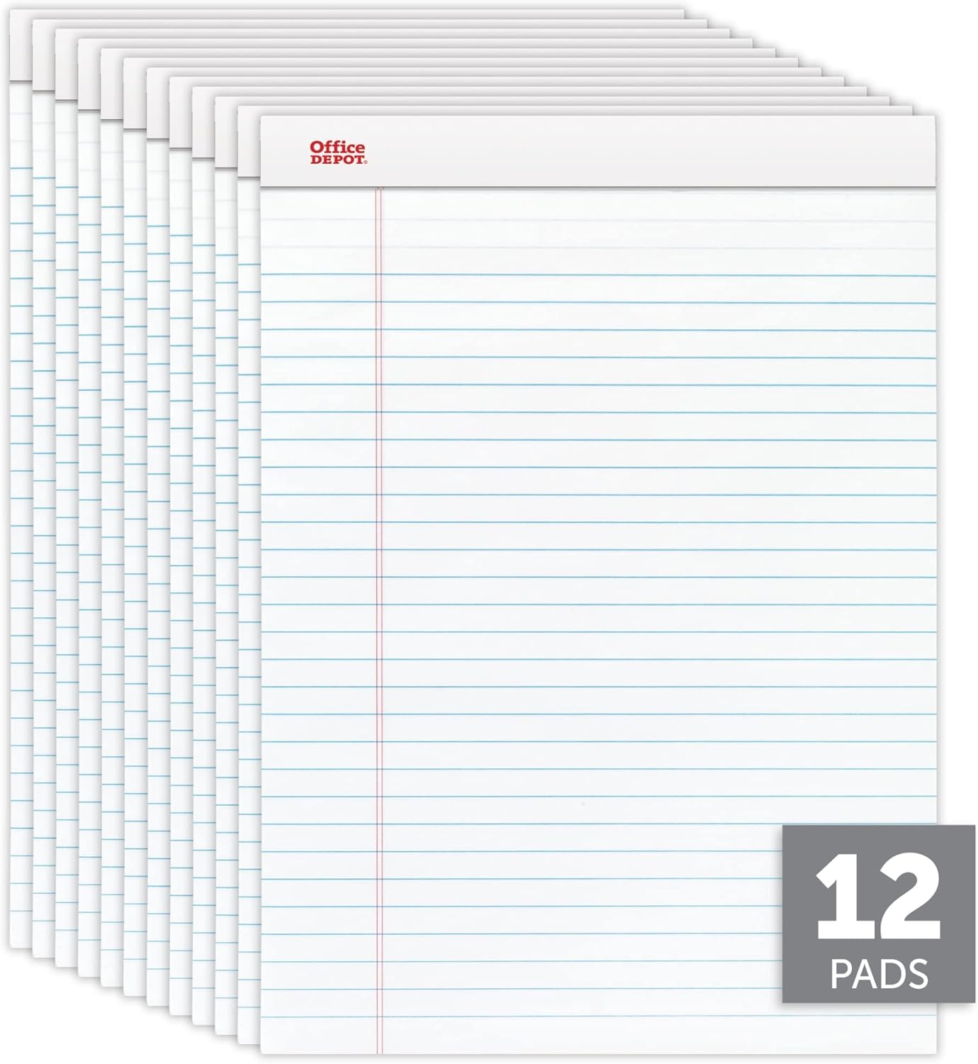 Office Depot Brand Writing Pads, 8-1/2in x 11-3/4in, Legal/Wide Ruled, 50 Sheets, White, Pack Of 12 Pads