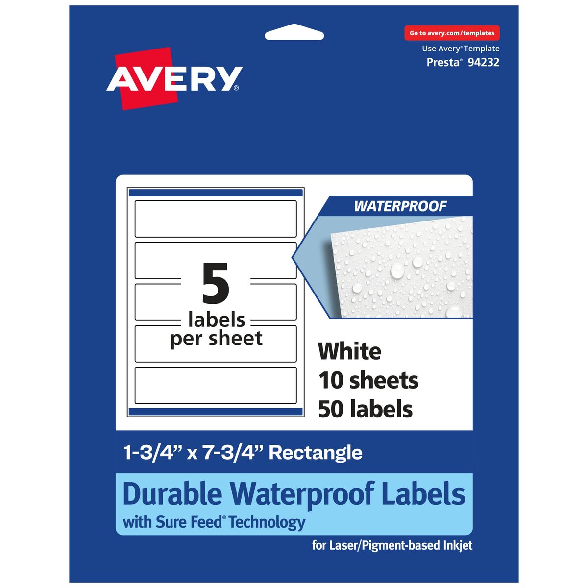 Avery Durable Waterproof Rectangle Labels, Sure Feed Technology, 1.75" x 7.75", Print-to-The-Edge