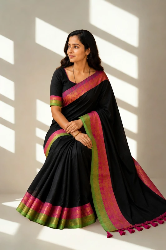 Mul cotton with kanchi border Black