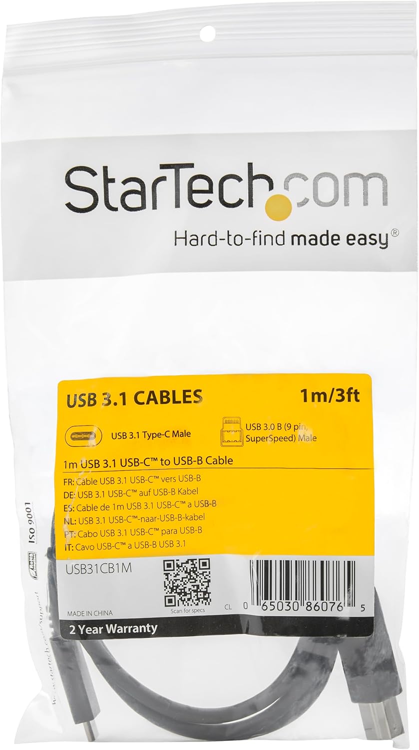 StarTech.com 3.3ft (1m) USB-B to USB-C Cable, USB 10Gbps, Data Cord, USB 3.2 Gen 2, USB-C Data Transfer Cable