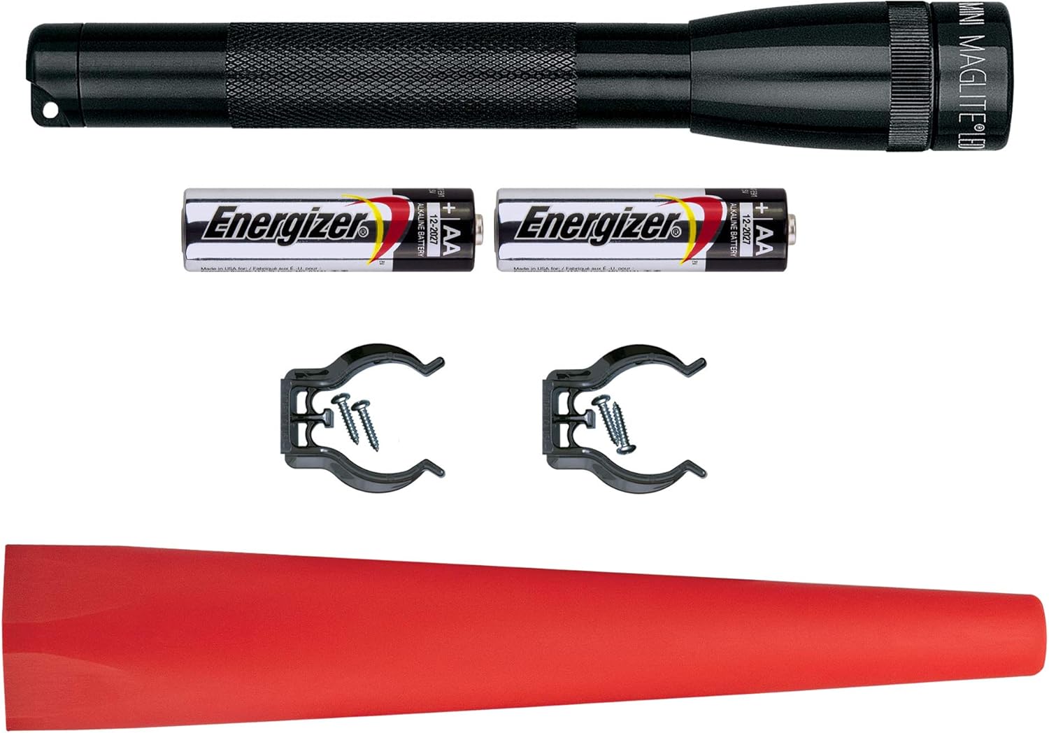 MAGLITE Safety Pack - MINI MAG 2-Cell AA LED Flashlight, Black, Compact, IP2201G – Wand, Red