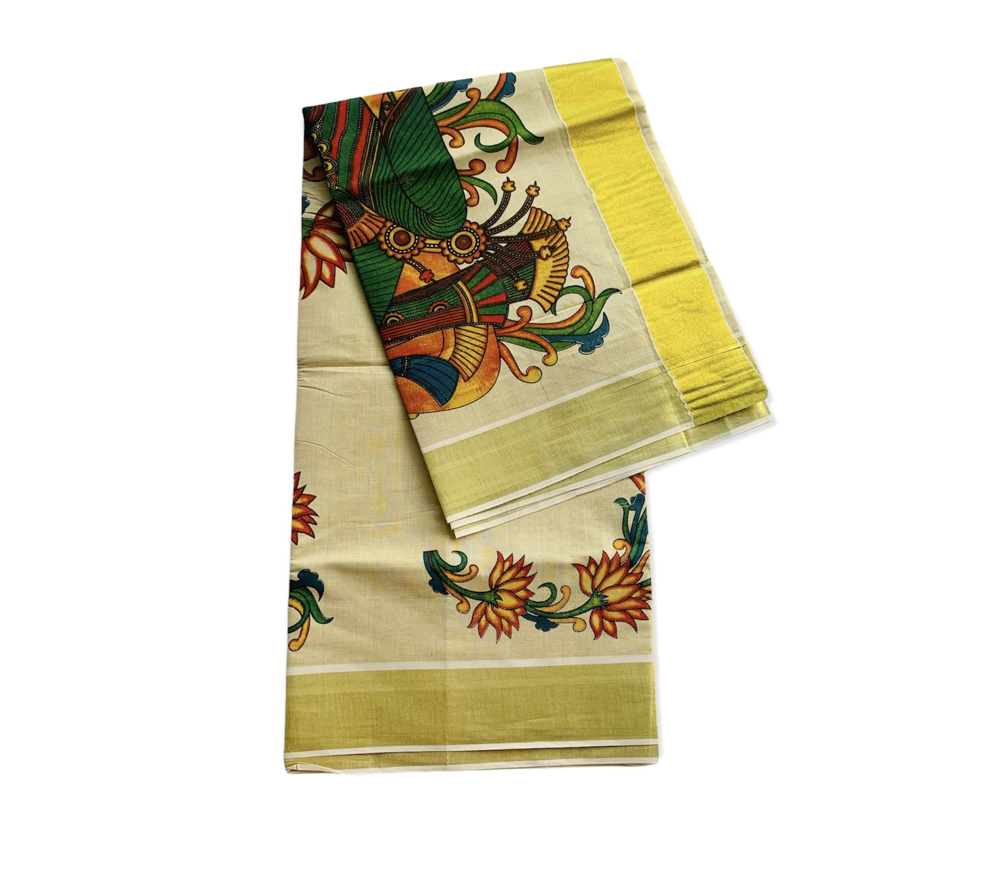 Kuthampully Kerala Kasavu Saree Tissue Mural Painted | Traditional South Indian Saree | Onam Saree - Multi Color KTM-643