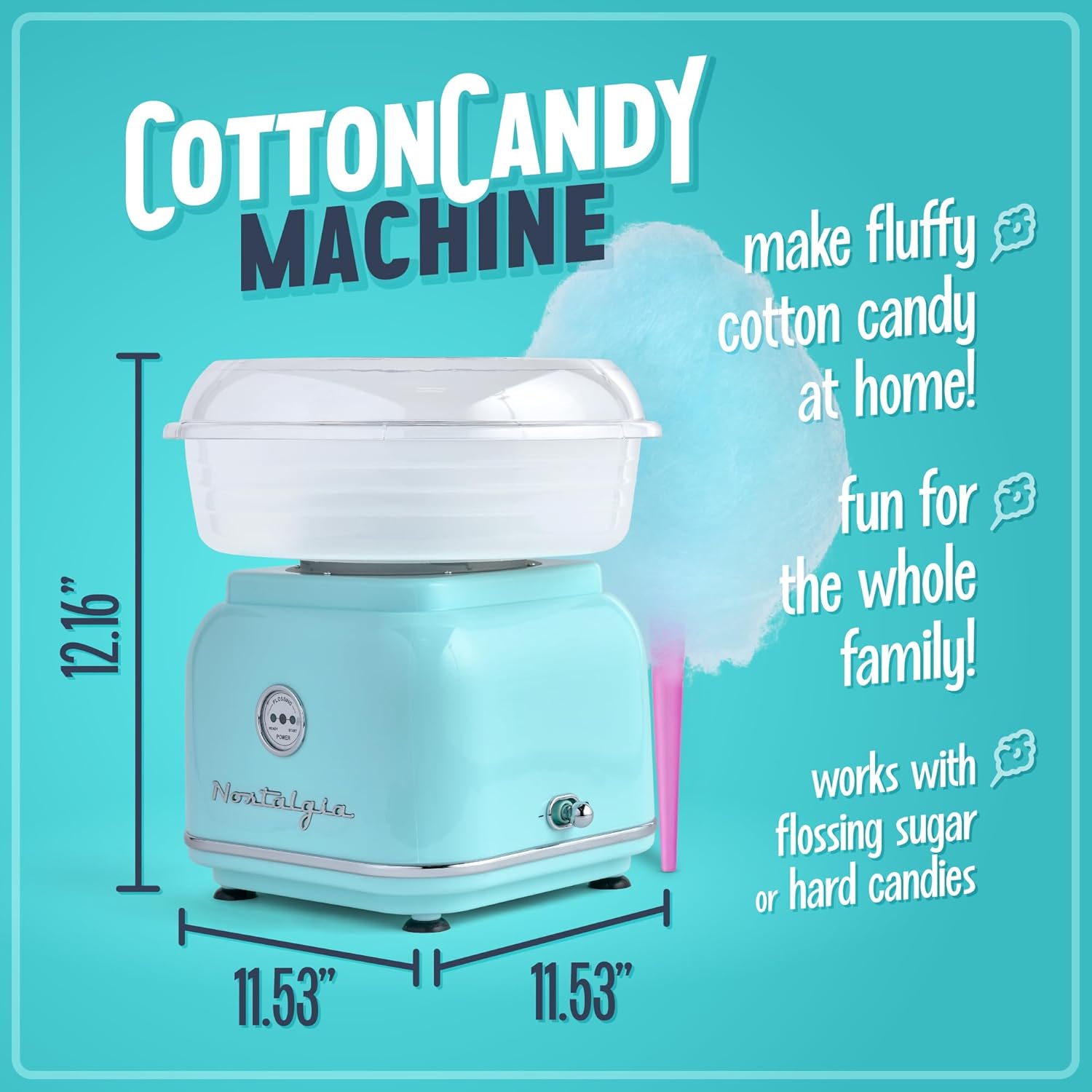 Nostalgia Classic Countertop Cotton Candy Machine, Manual, Retro Vintage Candy Maker Includes 2 Reusable Cones & Scoop