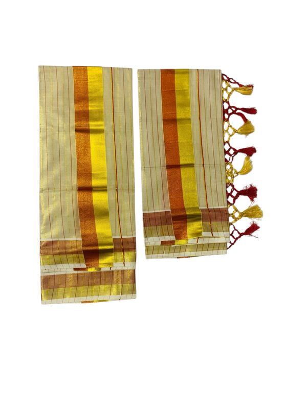 Women's Kuthampully Kerala Kasavu Set mundu Tissue with Kunjam | Kerala Tissue set mundu latest collections | Kuthampully Stripe Kasavu set mundu - Multi color KTM-902 (Copper-Gold)