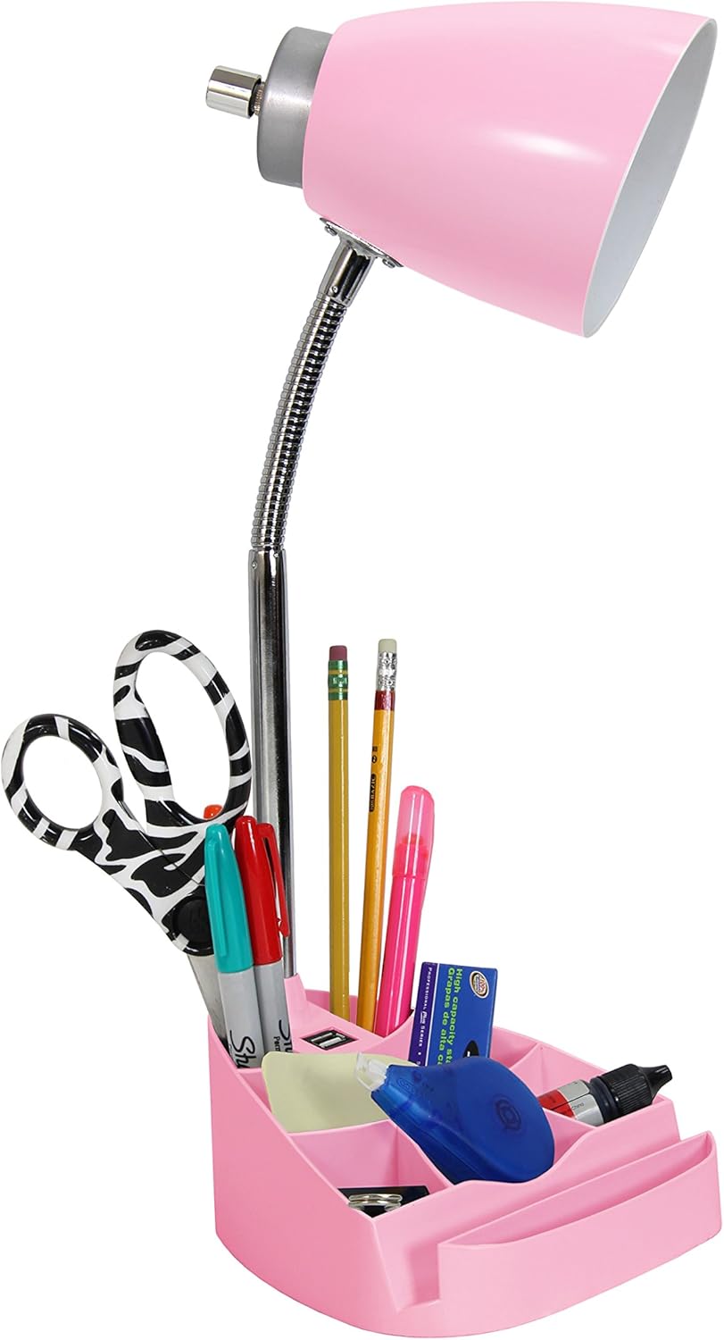 Simple Designs LD1056-PNK Gooseneck Organizer Desk Lamp with Tablet Stand, USB Port, Adjustable Height, Pink