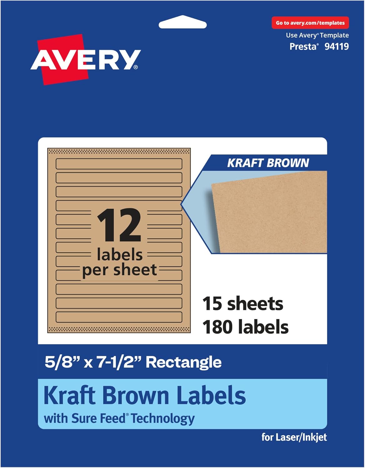 Avery Kraft Brown Rectangle Labels, Sure Feed Technology, 5/8" x 7-1/2", 180 Kraft Brown Labels, Print-to-The-Edge