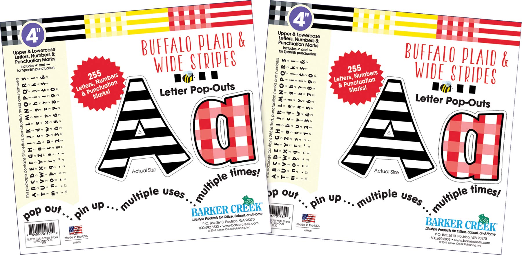 Barker Creek 4" Letter Pop-Outs 2-Pack, Buffalo Plaid & Wide Stripes, Jazz Up Your Bulletin Boards with These Colorful