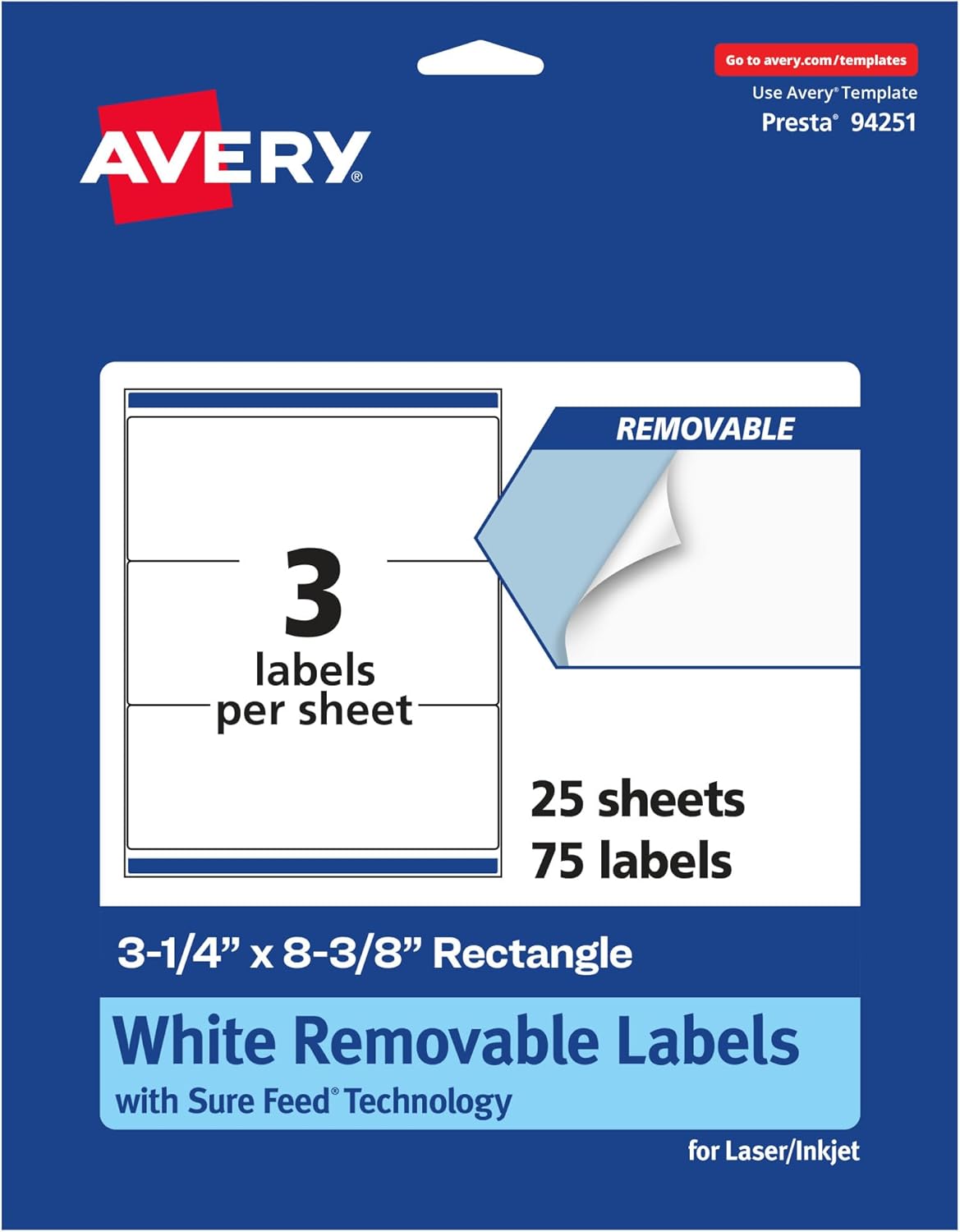 AVERY Matte White Removable Rectangle Labels, Sure Feed Technology, 3-1/4" x 8-3/8"