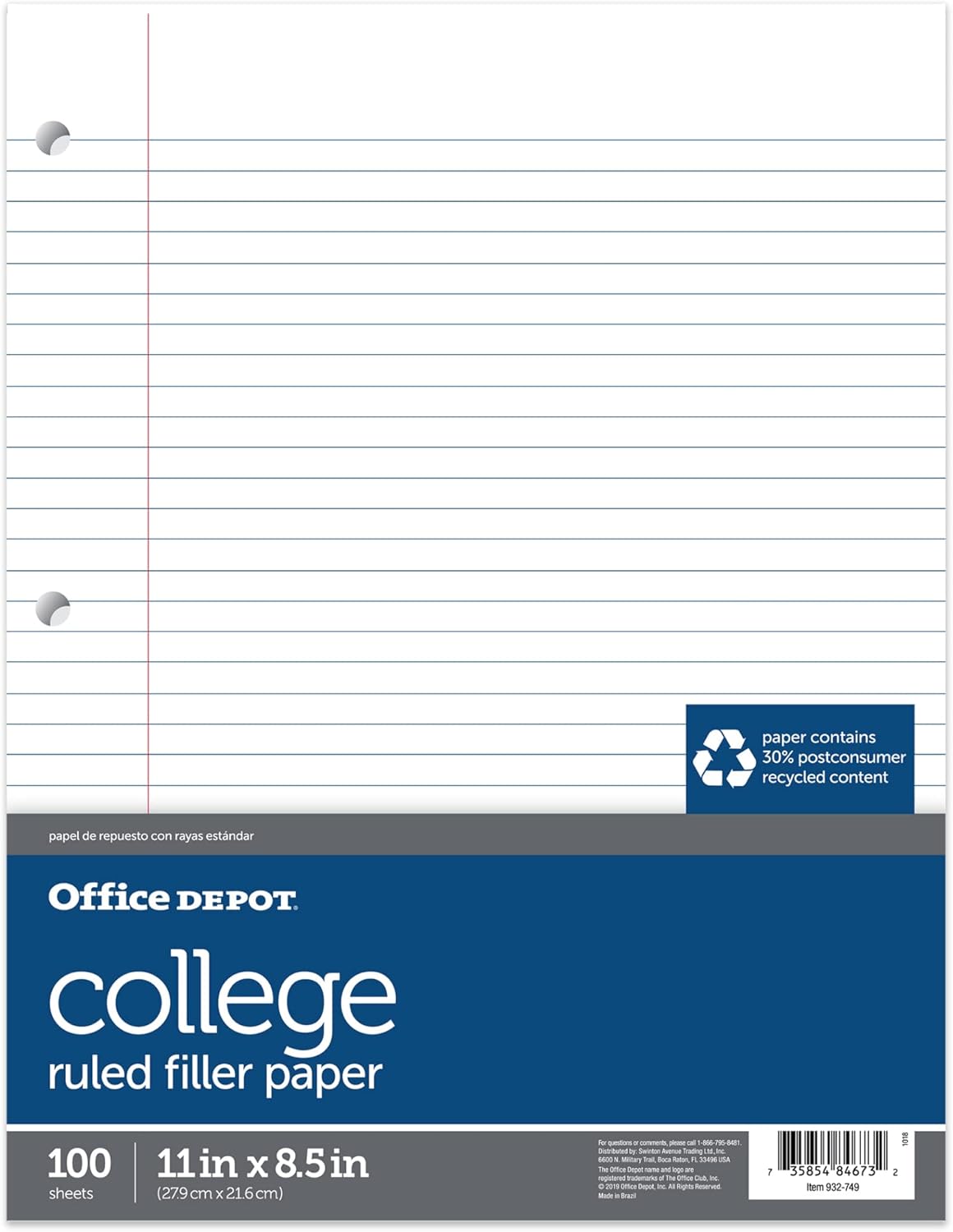 Office Depot 30% Recycled College-Ruled Notebook Filler Paper, 3-Hole Punched, 11in. x 8 1/2in., 100 Sheets, 09259OD