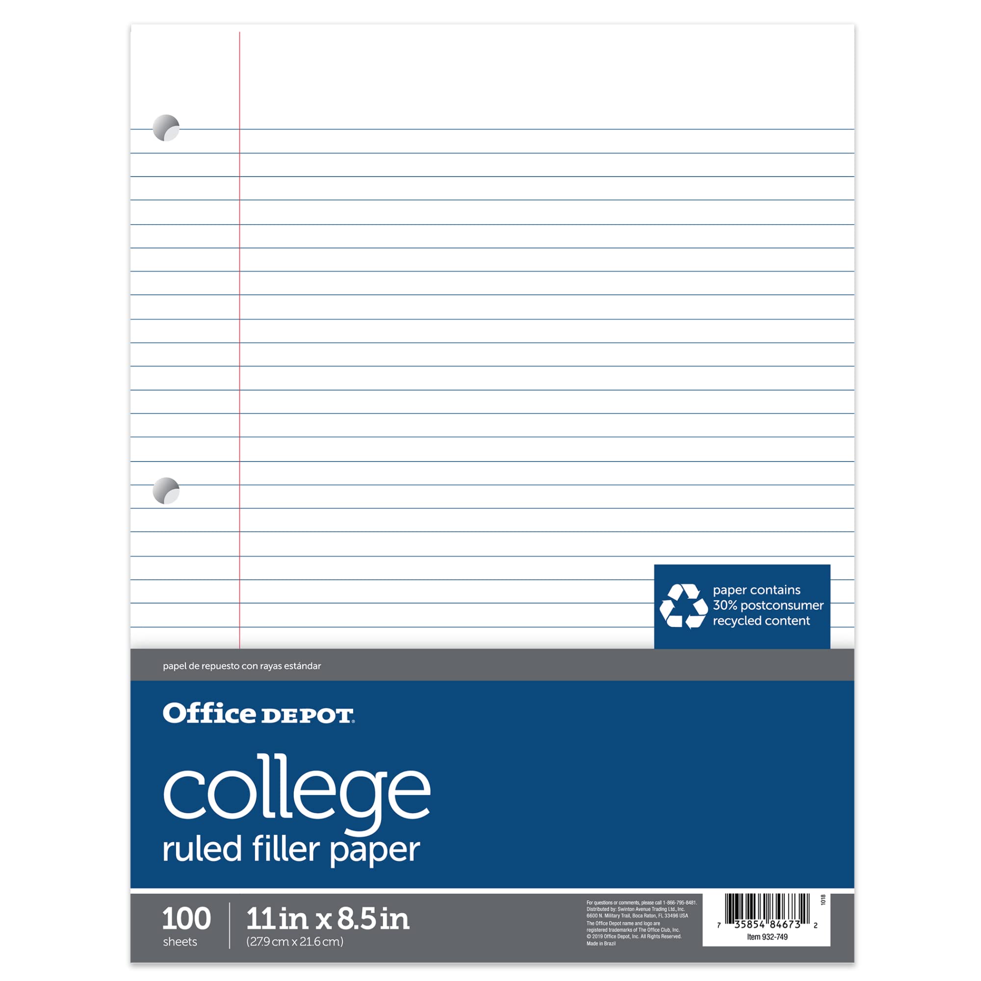 Office Depot 30% Recycled College-Ruled Notebook Filler Paper, 3-Hole Punched, 11in. x 8 1/2in., 100 Sheets, 09259OD