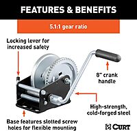 CURT 29427 Manual Hand Crank Boat Trailer Winch, 1,700 lbs Capacity, 8-Inch Handle, 5.1:1 Gear Ratio