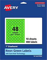 Avery Printable Starburst Labels, Sure Feed Technology, 1", Neon Green Labels, Print-to-The-Edge, Laser/Inkjet, 480 Total, Great for Mailing Seals and Planner Stickers 480 labels