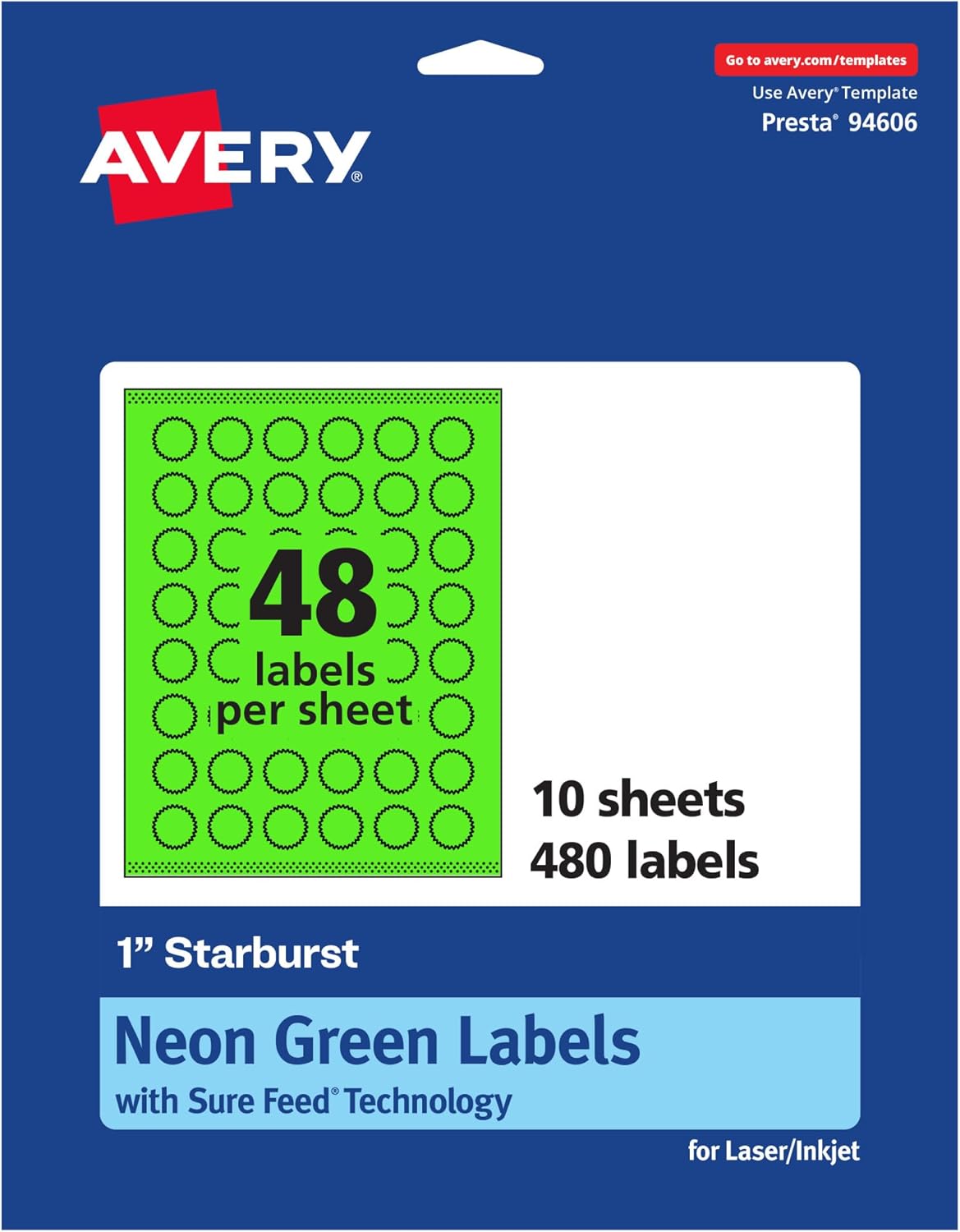 Avery Printable Starburst Labels, Sure Feed Technology, 1", Neon Green Labels, Print-to-The-Edge, Laser/Inkjet, 480 Total