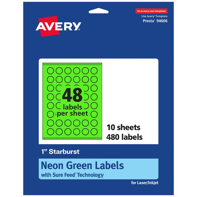 Avery Printable Starburst Labels, Sure Feed Technology, 1", Neon Green Labels, Print-to-The-Edge, Laser/Inkjet, 480 Total, Great for Mailing Seals and Planner Stickers 480 labels