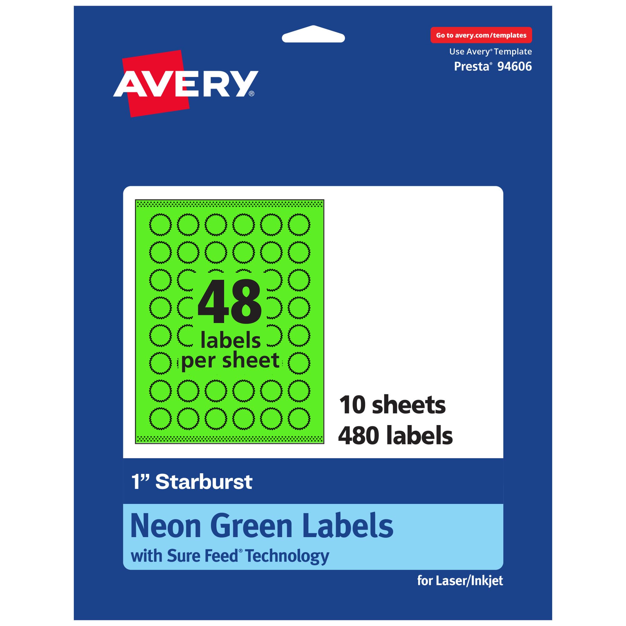 Avery Printable Starburst Labels, Sure Feed Technology, 1", Neon Green Labels, Print-to-The-Edge, Laser/Inkjet, 480 Total