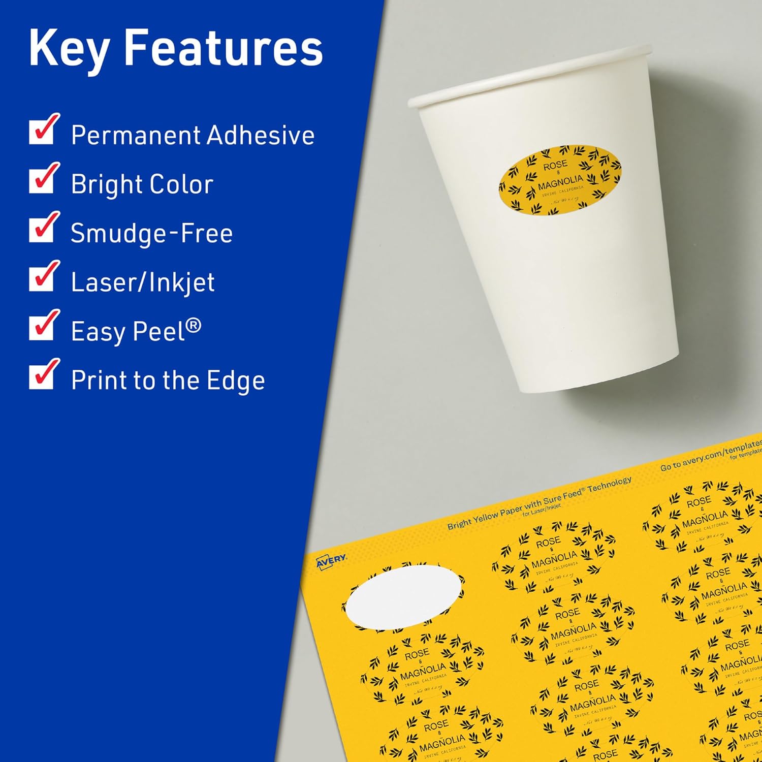 Avery Printable Oval Labels, Sure Feed Technology, 1-1/8" x 2-1/4", Bright Yellow Labels, Print-to-The-Edge