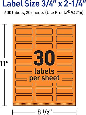 Avery Print-To-The-Edge Labels With Sure Feed Technology And Easy Peel, 94216 Rectangle 3/4in x 2-1/4in Matte Bright Orange