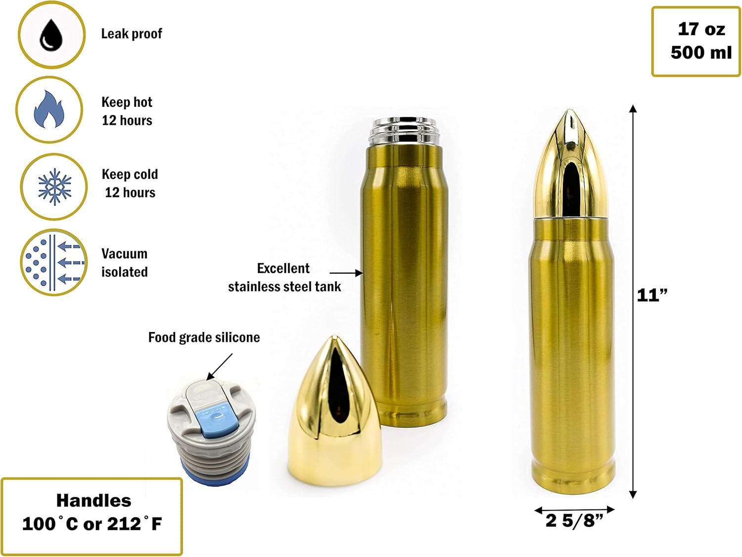 CALIBER GOURMET Bullet Thermos Bottle Vacuum Insulated Stainless Steel
