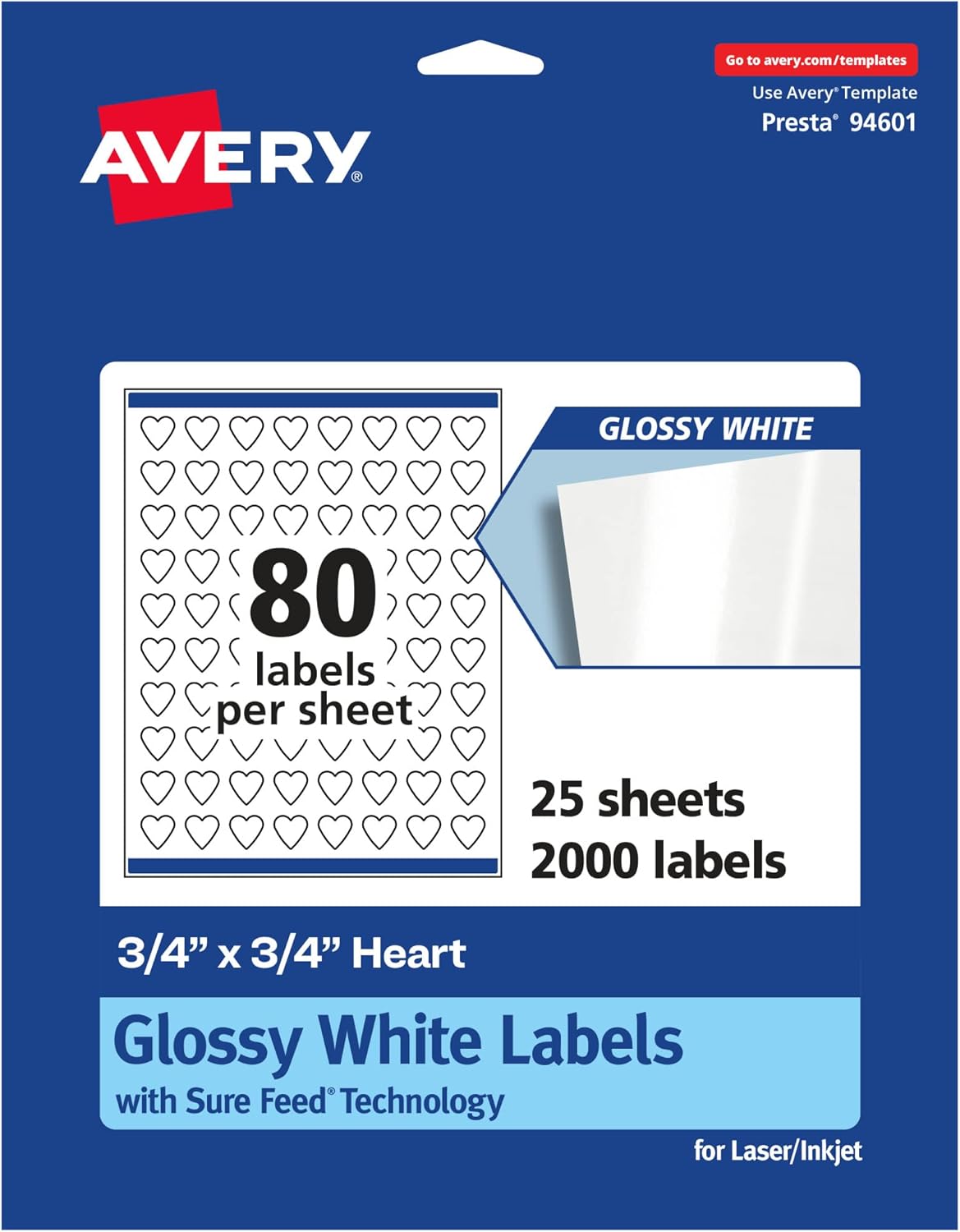 Avery Glossy White Heart Labels, Sure Feed Technology, 0.75" x 0.75", Print-to-The-Edge, Permanent Adhesive