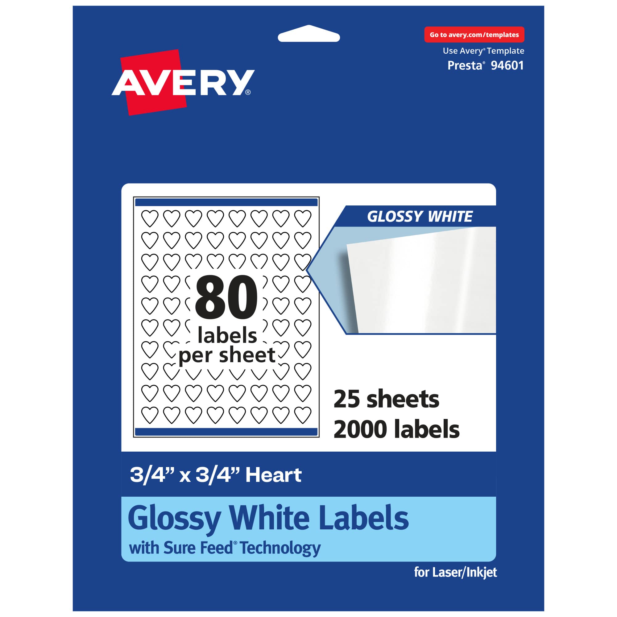 Avery Glossy White Heart Labels, Sure Feed Technology, 0.75" x 0.75", Print-to-The-Edge, Permanent Adhesive