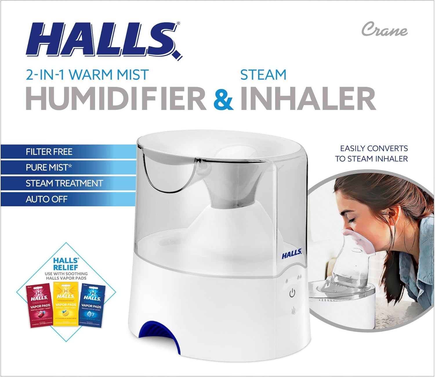 Crane x HALLS 2-in-1 Warm Mist Humidifier and Steam Inhaler, 0.5 Gallon, Blue & White