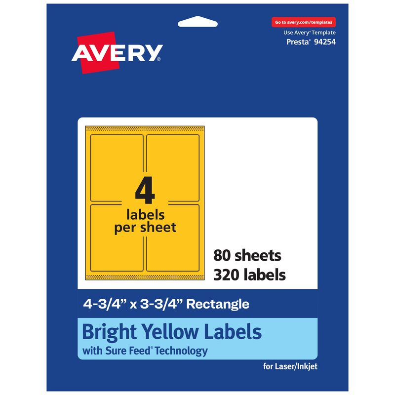 AVERY Printable Rectangle Labels, Sure Feed Technology, 4-3/4" x 3-3/4", Bright Yellow, Print-to-the-Edge