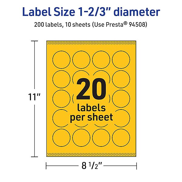 Avery Printable Round Labels, Sure Feed Technology, 1-2/3" Diameter, Bright Yellow Labels, Print-to-The-Edge, Laser/Inkjet Printable, 200 Total, Great for Stickers and Candles